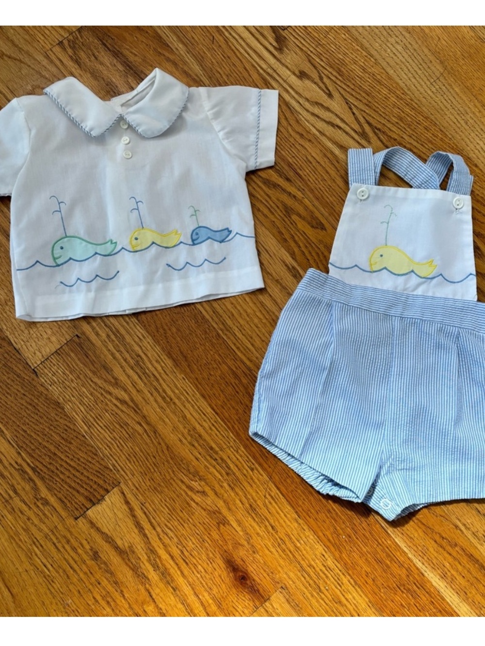 Vintage 1993 Seersucker Embroidered Whales 2 Piece Romper Set Blue Baby 6-9 M